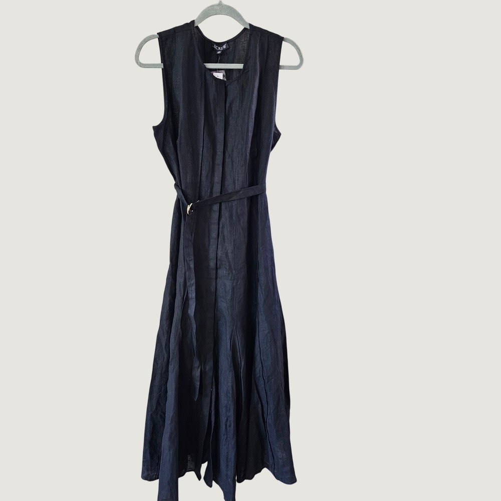 J.Crew Black 100% Linen Sleeveless Belted Midi Dress Tall Medium NEW